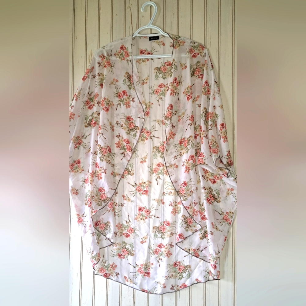 Ladies Poetry Floral Chiffon Open Front Kimono Flowy Romantic Dolman Slv Small